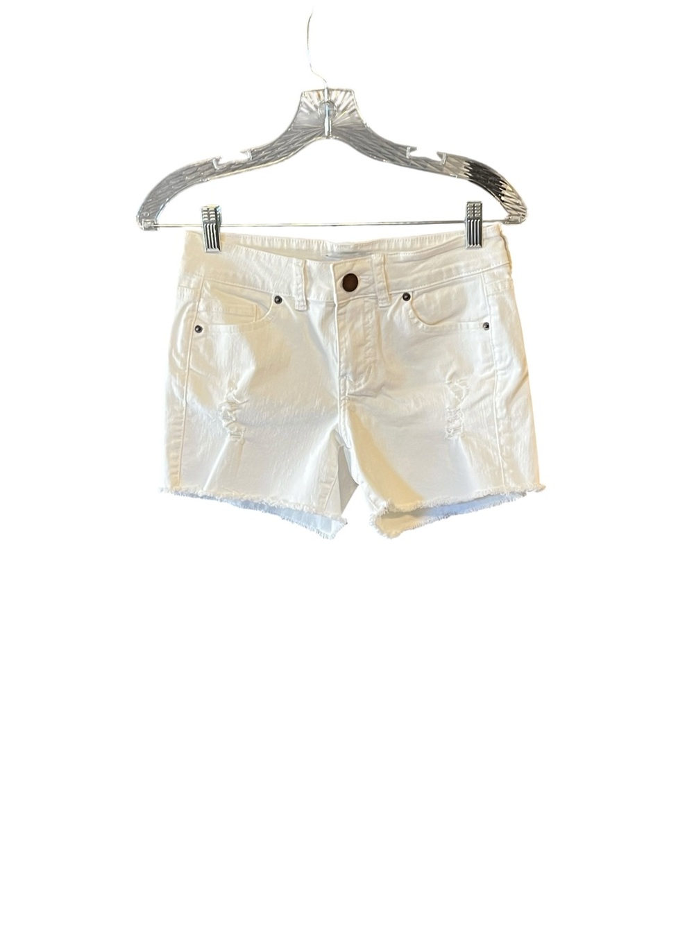 O’Neill Denim Shorts Women’s Size 26 White Distressed Frayed Raw Hem Stretch